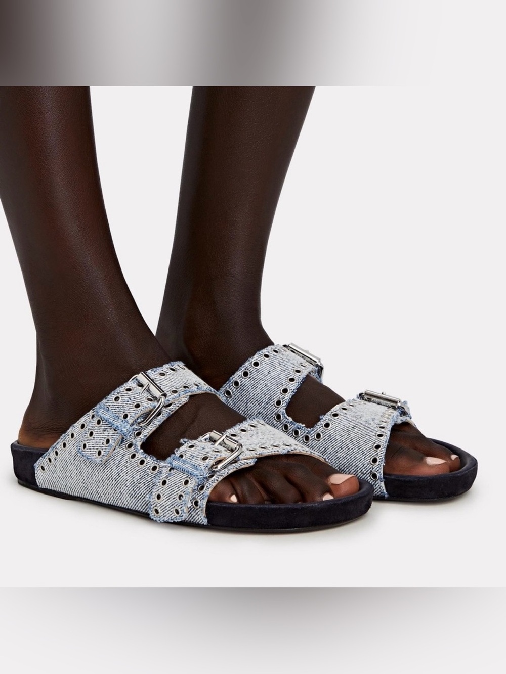 Isabel Marant Lennyo dual buckle denim stud sandals slides EU 37 US 6.5 7
